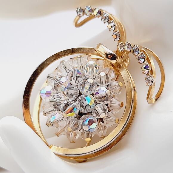 Vintage Aurora Borealis Crystal Fruit Brooch – Rhinestone Beaded Mid Century - Picture 5 of 10